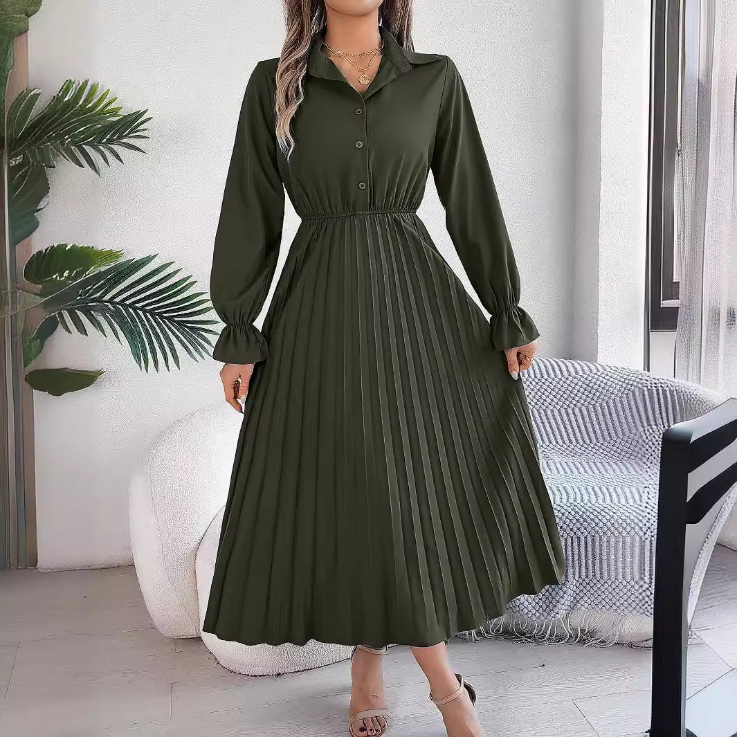 Collared Button Front Ruffle Cuff Long Sleeve Pleated Midi Shirt Dress 3