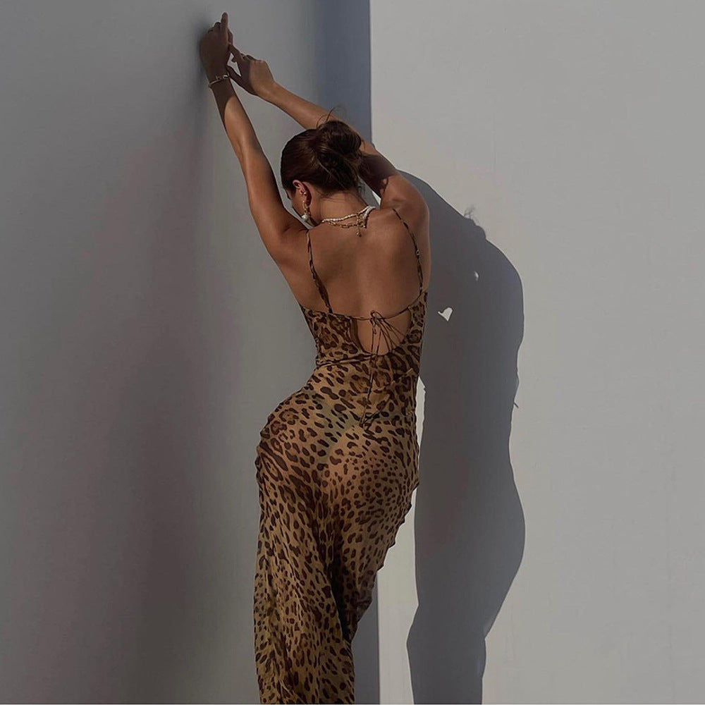 Animal Print Cowl Neck Spaghetti Strap Flowy Maxi Dress