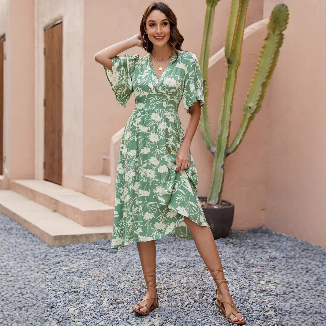 V-Neck Flutter Sleeve Floral Fit and Flare Midi Dress