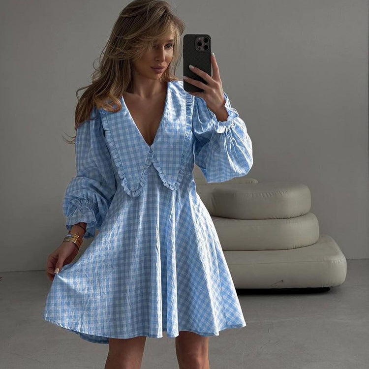 Office Design A line Dress Pink Plaid Butterfly Collar Long Sleeve Dress