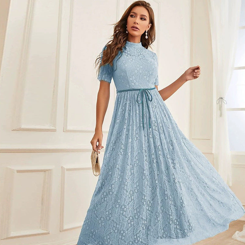 Mock Neck Short Sleeve Lace Belted A-Line Maxi Dress