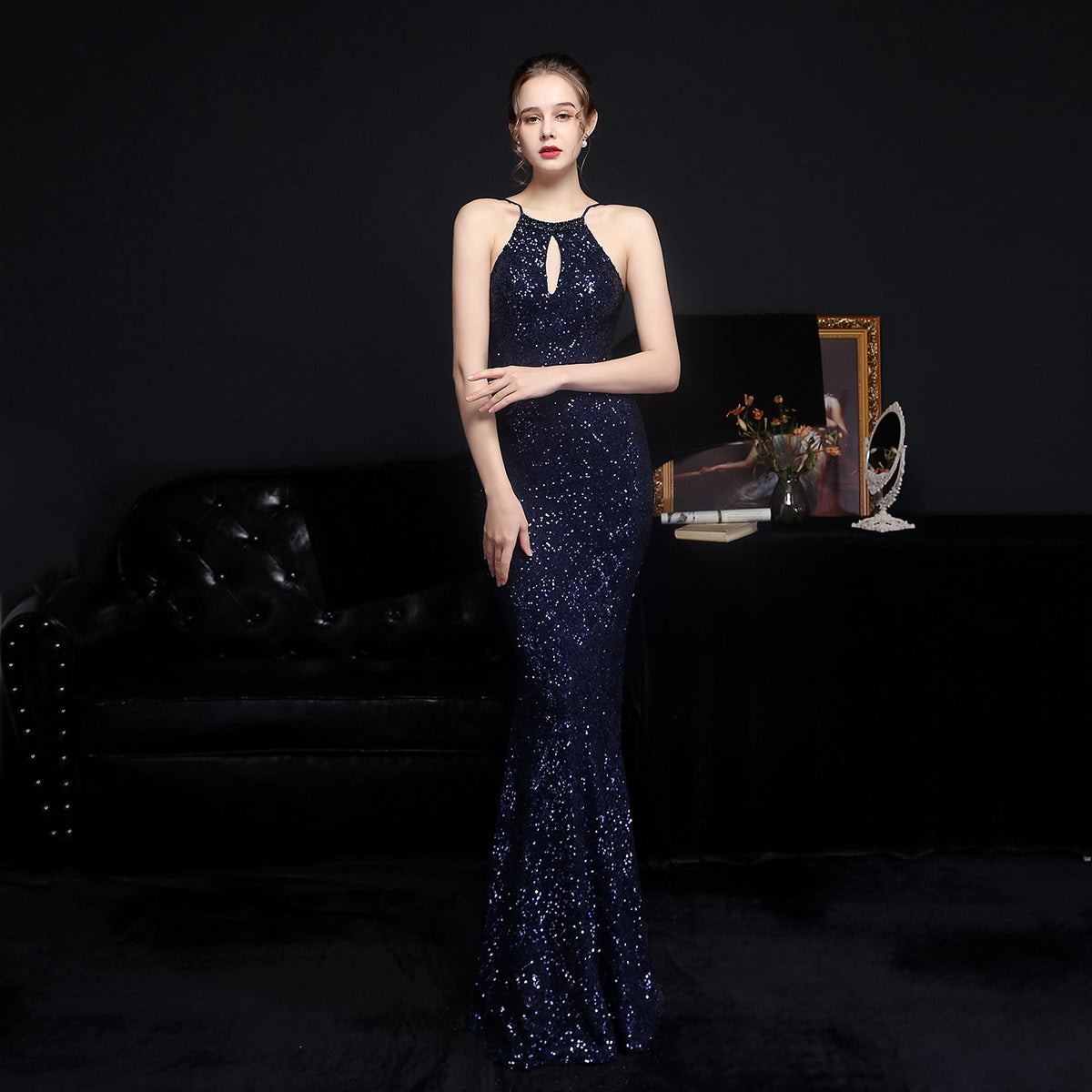 Sequin Halter Neck Keyhole Front Mermaid Evening Gown 11