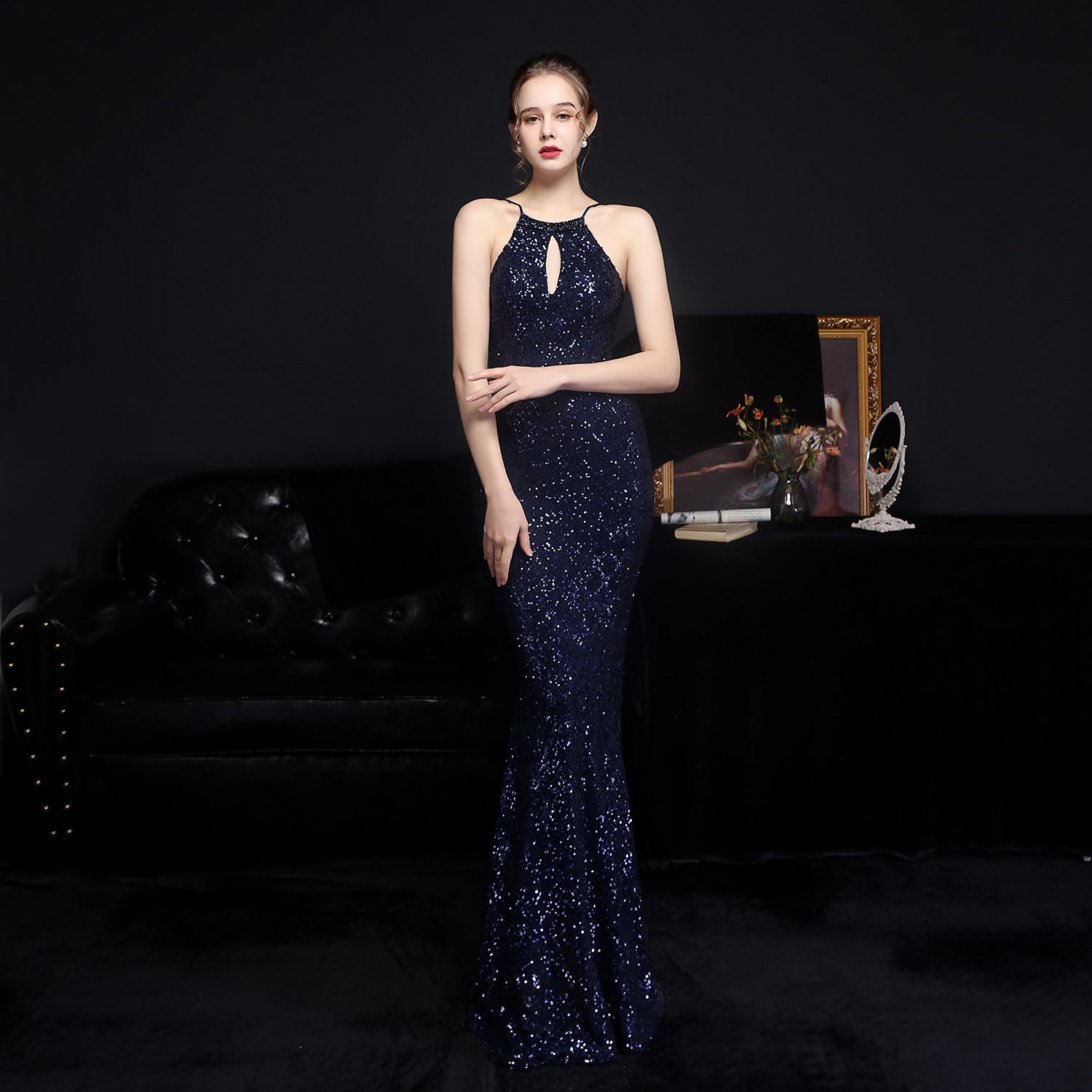 Halter Neck Keyhole Beaded Sequin Mermaid Gown