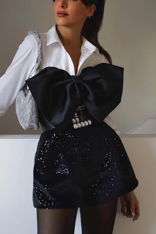 Satin Bow Halter Neck Sequin Short Romper