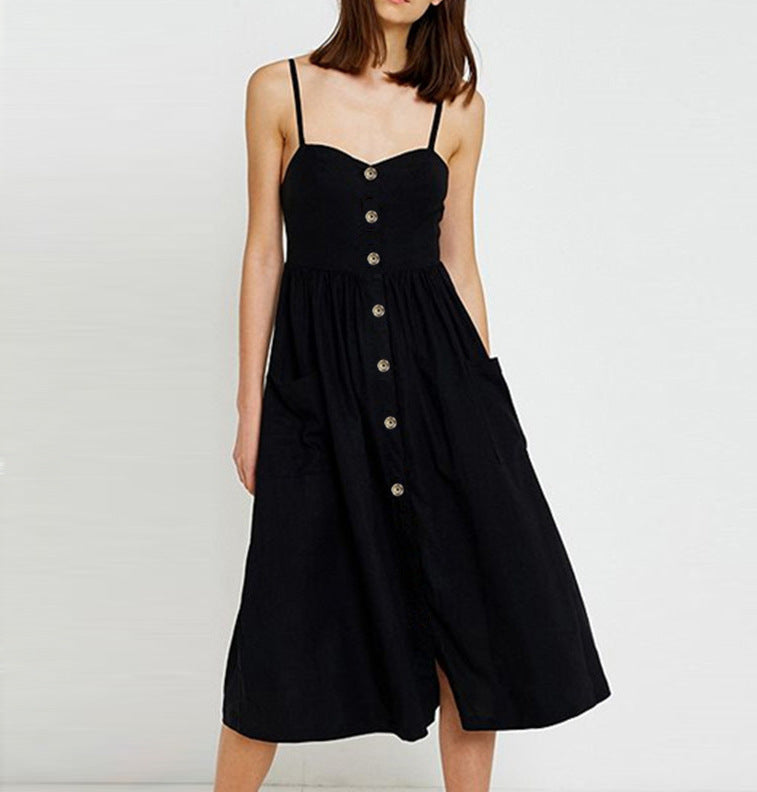Grapevine Linen Blend Pocketed Maxi Dress Black