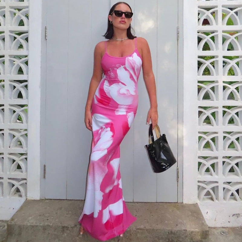 Floral Print Scoop Neck Spaghetti Strap Bodycon Mermaid Maxi Dress