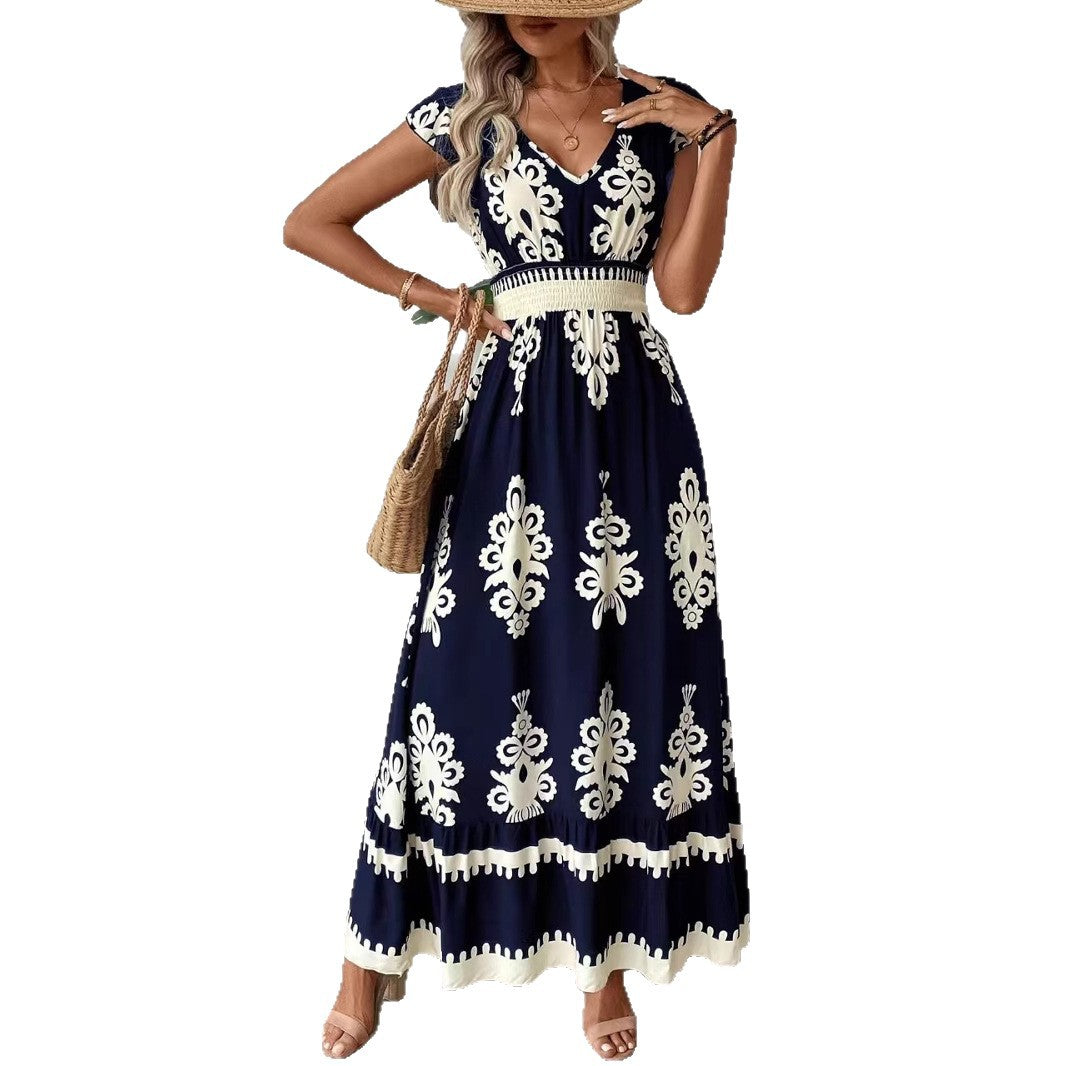 Bohemian Damask Print V-Neck Cap Sleeve Smocked Waist Ruffle Hem Maxi Dress