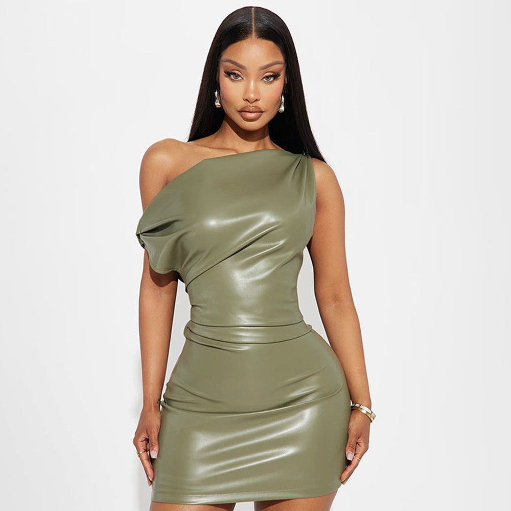 Faux Leather Asymmetric Draped One Shoulder Bodycon Mini Dress 7