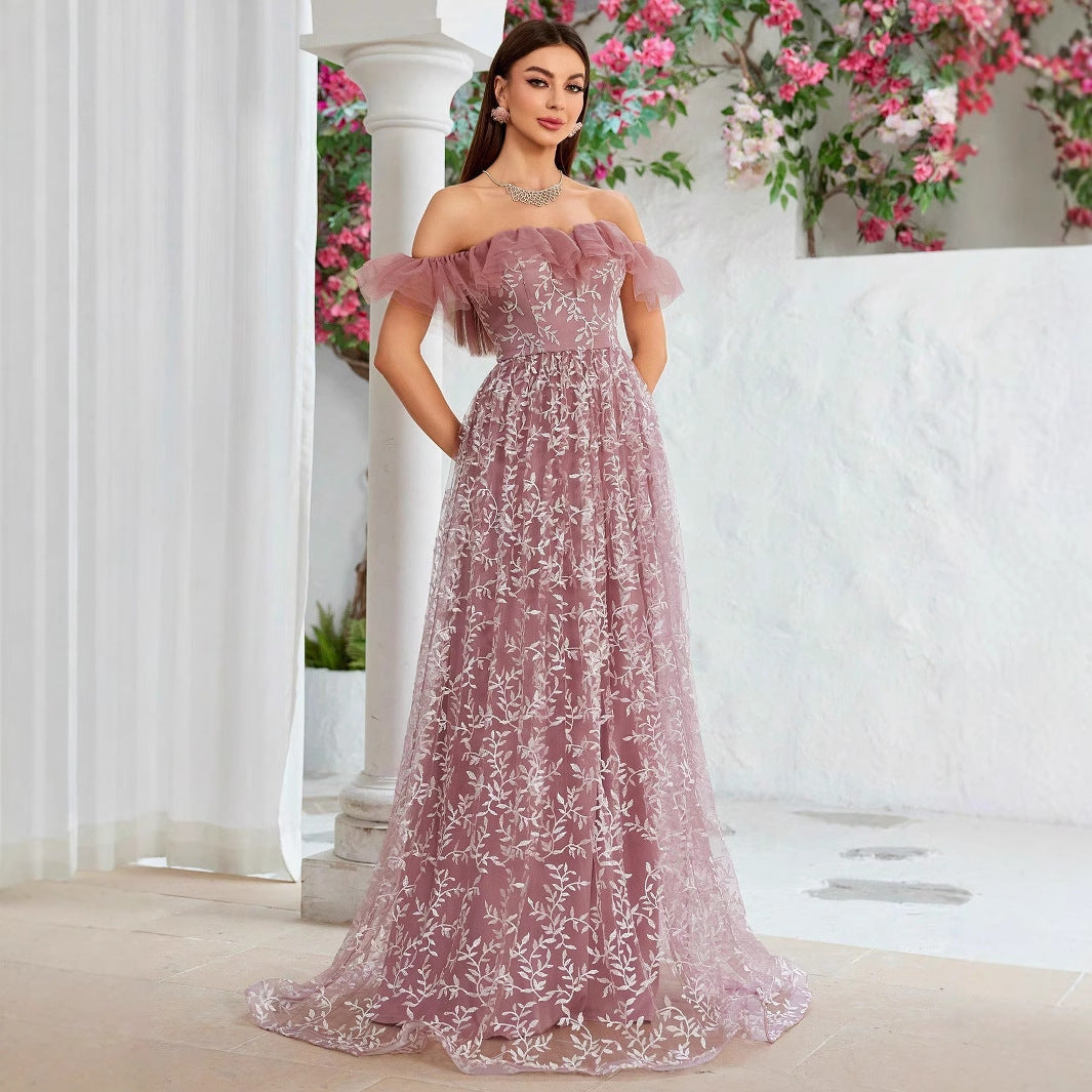 Embroidered Tulle Off Shoulder Ruffle A-Line Maxi Gown
