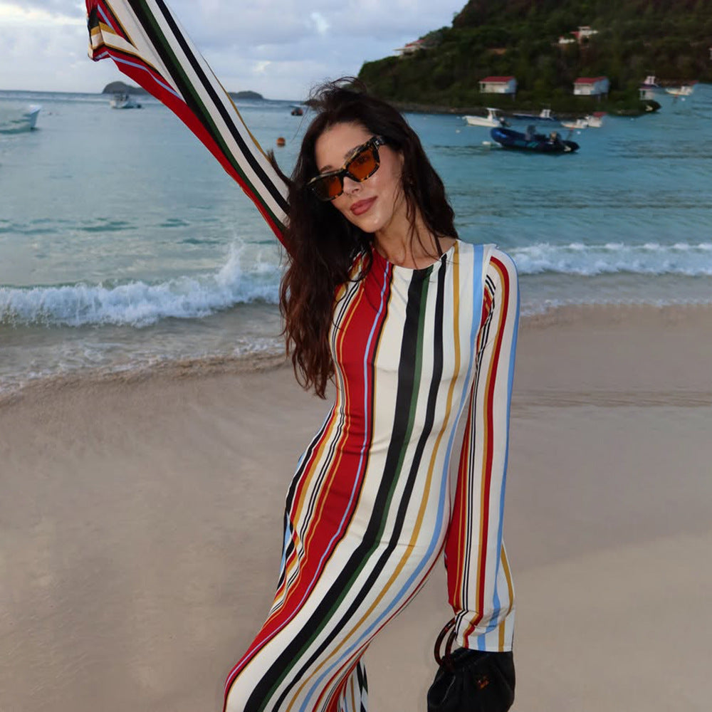 Multi Stripe Crew Neck Long Sleeve Bodycon Mermaid Maxi Dress 2