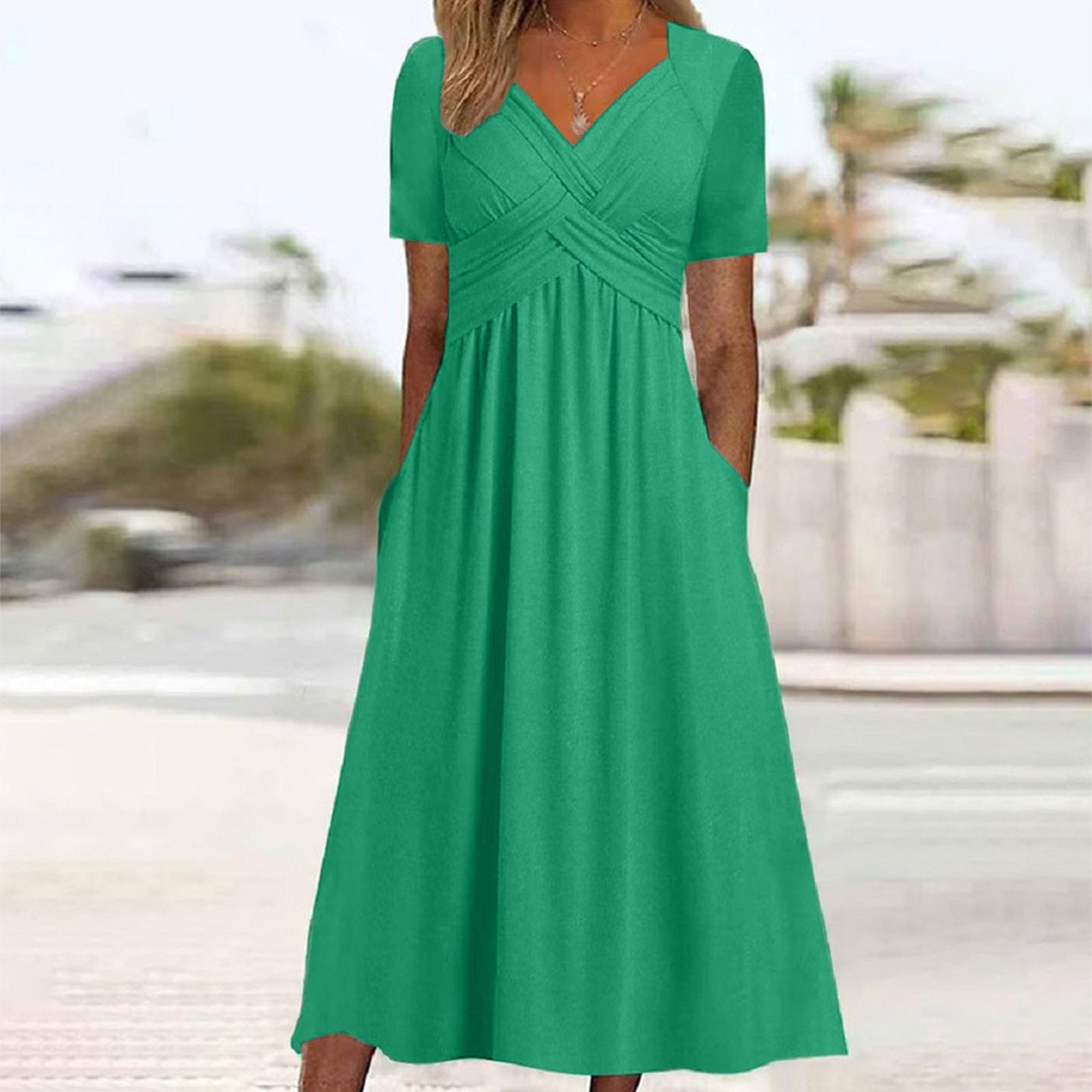 V-Neck Short Sleeve Surplice Wrap Pleated Pocket Maxi Dress