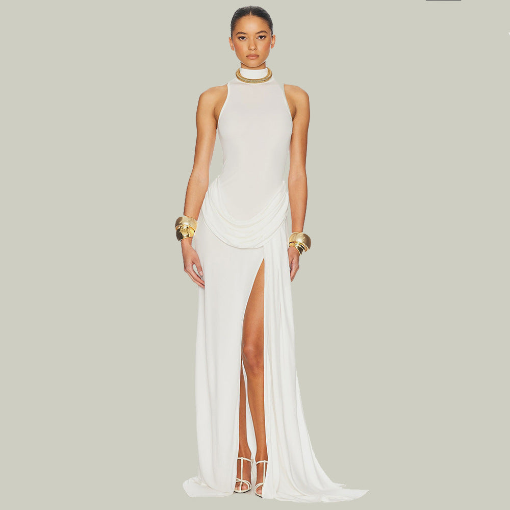Summer Sexy High Split Tight Waist Women Dress Elegance Sleeveless Pleated Dress