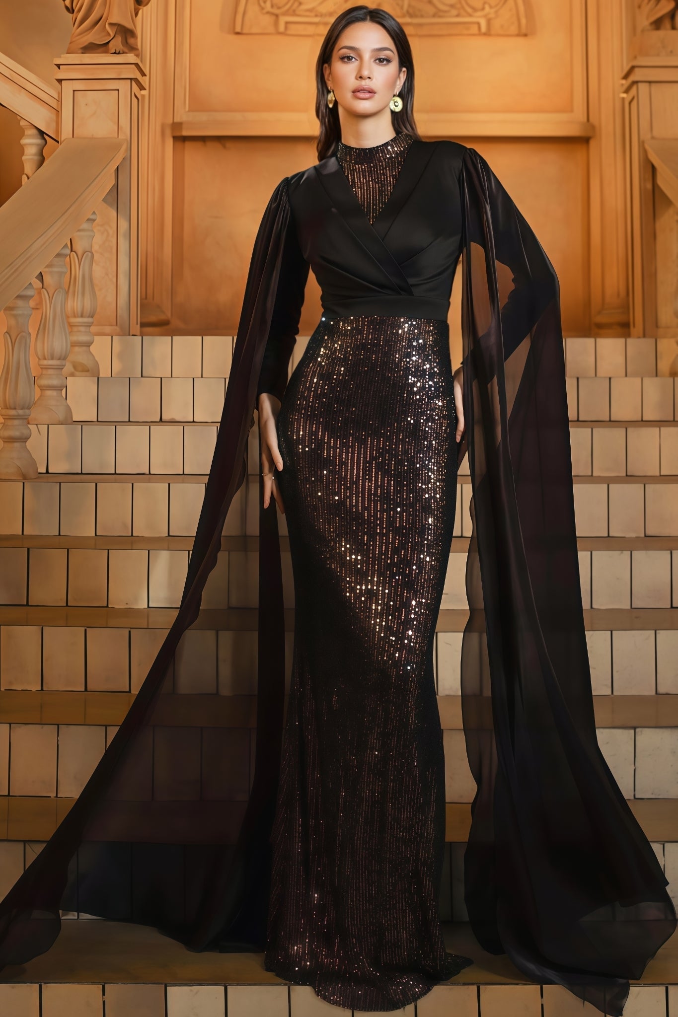 Mirt Black Round Neck Sequin Maxi Dress - View 4
