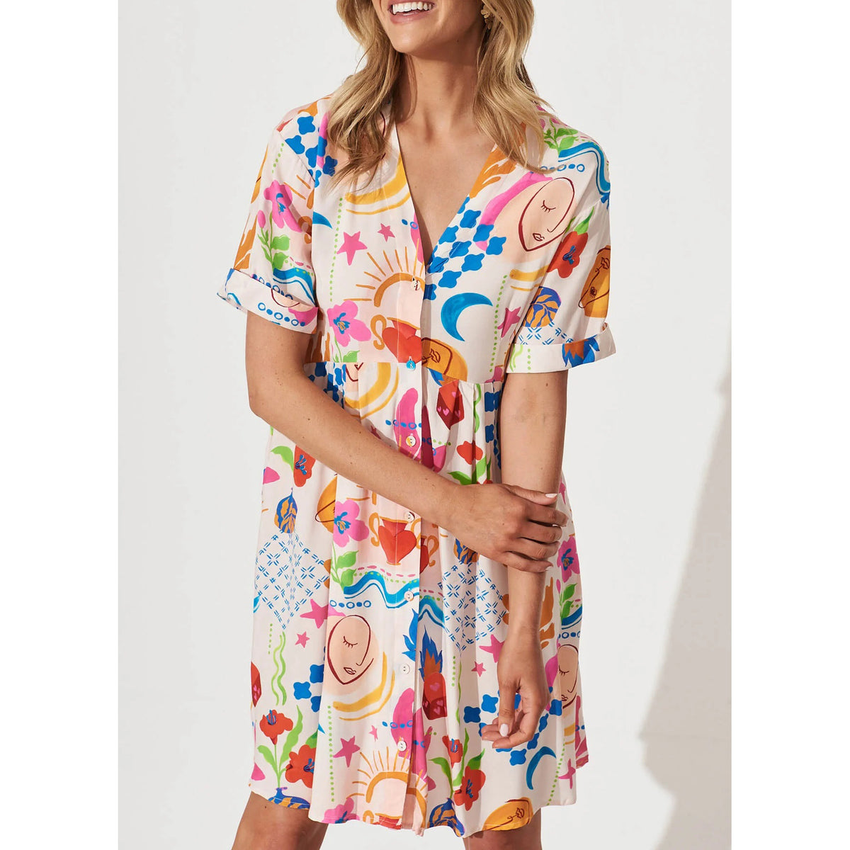 Abstract Print V-Neck Short Sleeve Button Front Pocket Mini Dress 2