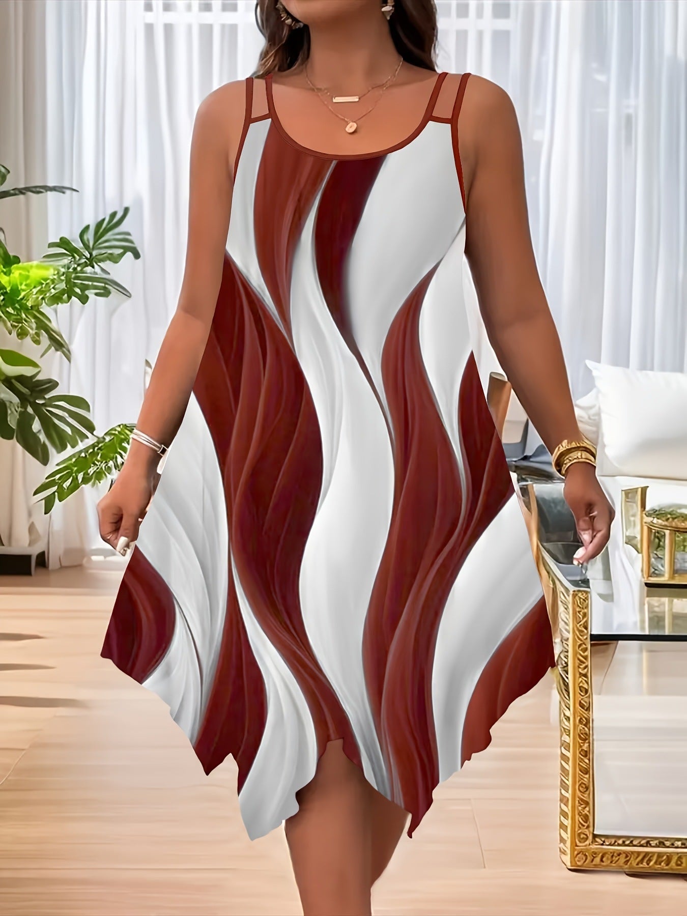 Abstract Print Spaghetti Strap Handkerchief Hem Midi Dress 13