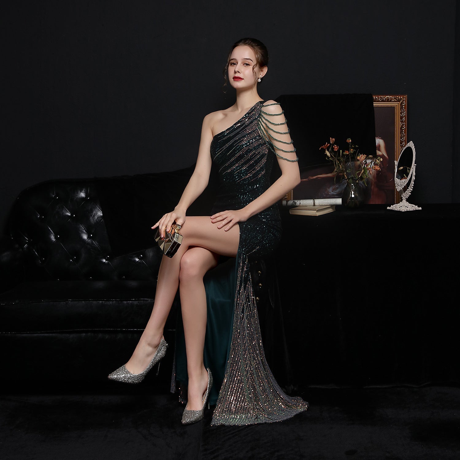 Sequin One Shoulder Beaded Fringe High Split Mermaid Gown