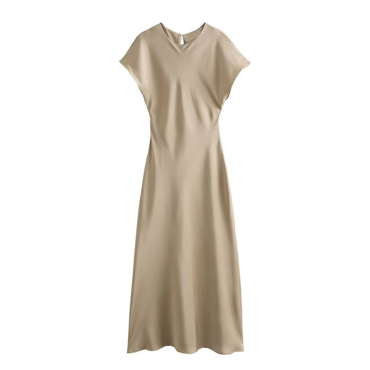 Satin Crew Neck Cap Sleeve Keyhole Back Midi Dress 3