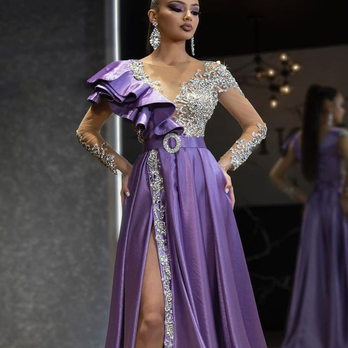 One Shoulder Ruffle Mesh Floral Embroidery Belted High Split Maxi Gown