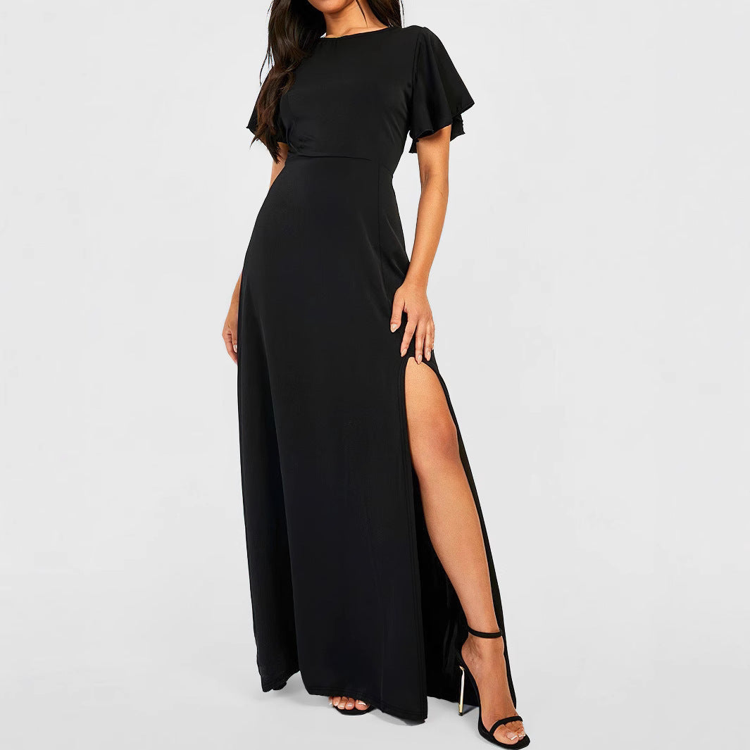 Round Neck Flutter Sleeve High Split A-Line Maxi Dress