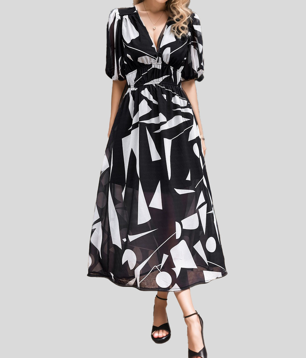 Abstract Print V-Neck Puff Sleeve Smocked Waist Midi Dress 10