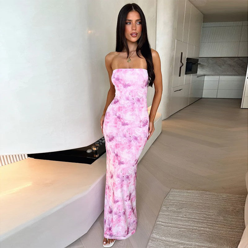 Floral Print Strapless Bodycon Mermaid Maxi Dress