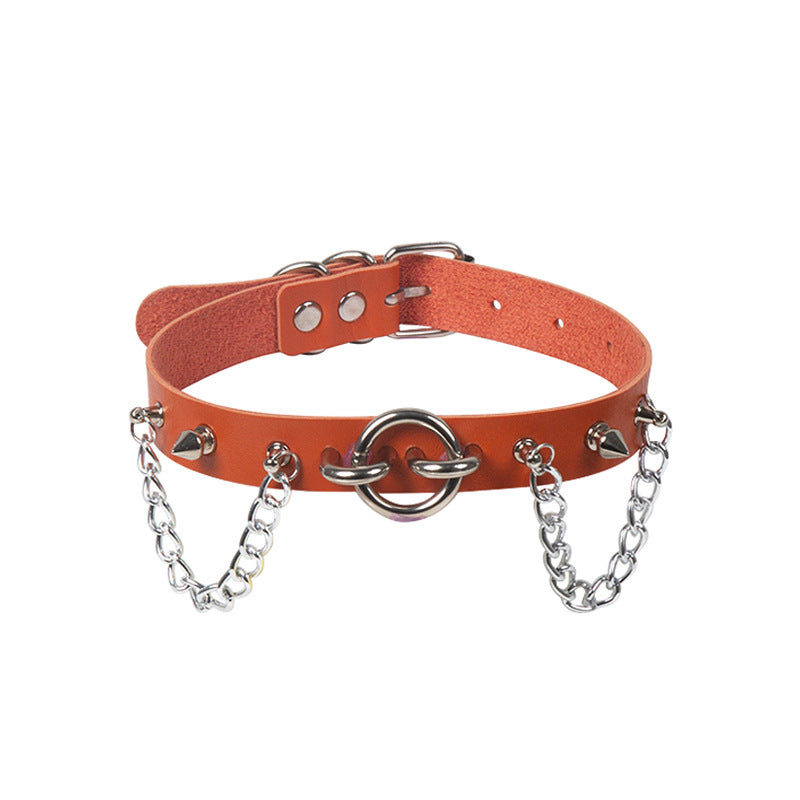 Personality Oring Rivet Chain Punk Leather Gothic Necklace