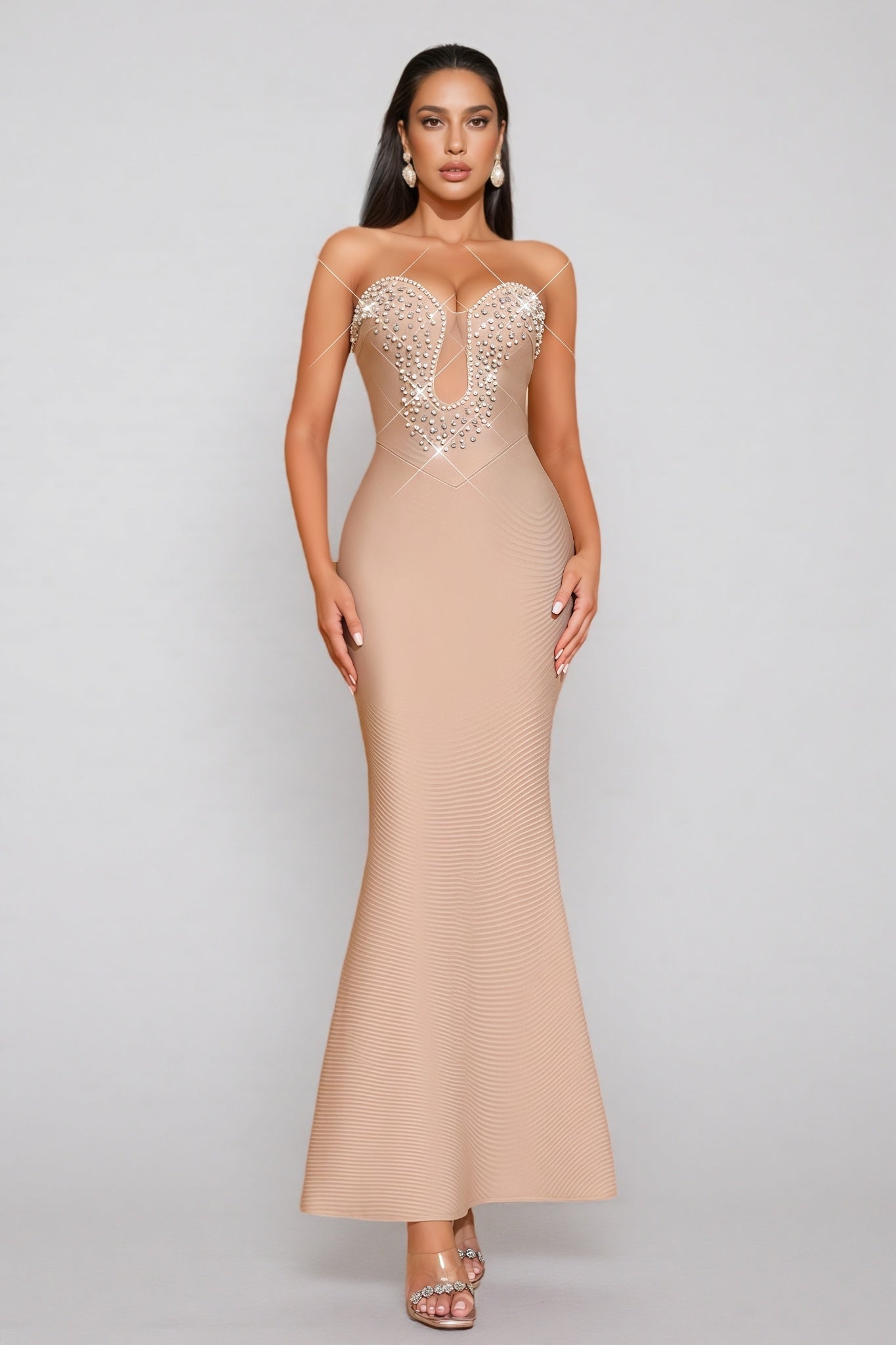 Pearl Rhinestone Sweetheart Plunge Illusion Mesh Bandage Mermaid Maxi Gown