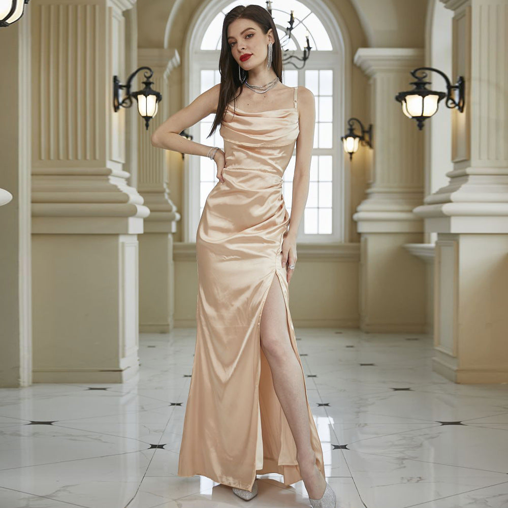 Satin Cowl Neck Spaghetti Strap High Split Maxi Bridesmaid Dress