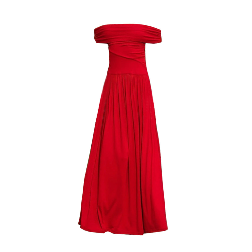 Off Shoulder Ruched Wrap Bodice Pleated Maxi Cocktail Dress