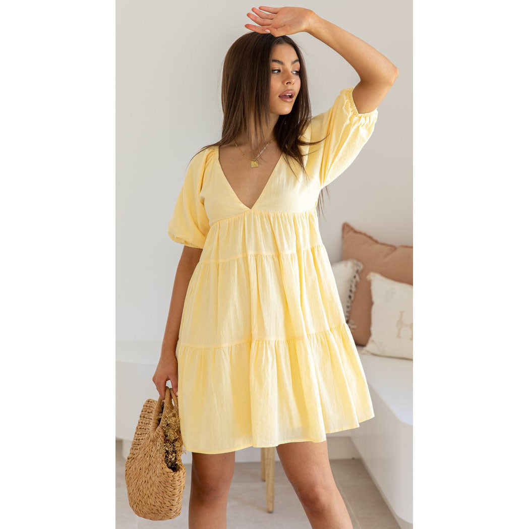 Deep V-Neck Puff Sleeve Tiered Babydoll Mini Dress