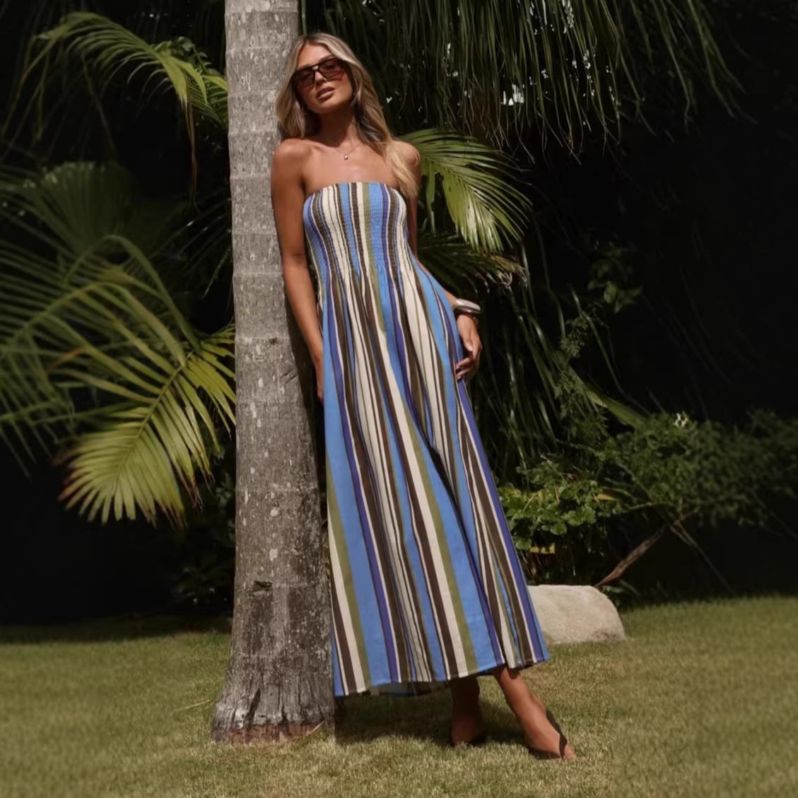 Striped Strapless Smocked Bodice A-Line Maxi Summer Dress