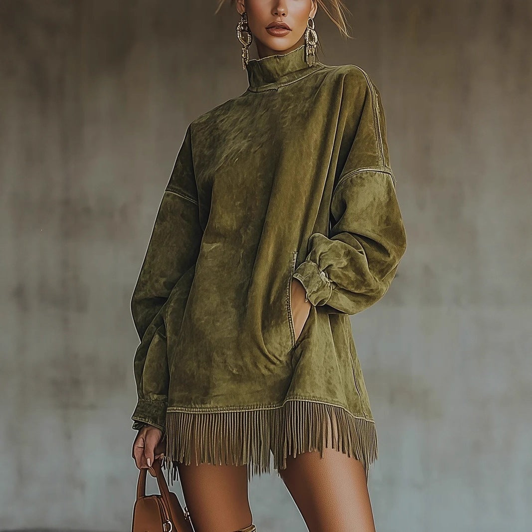Suede Look Mock Neck Long Sleeve Fringe Hem Oversized Sweatshirt Mini Dress 5