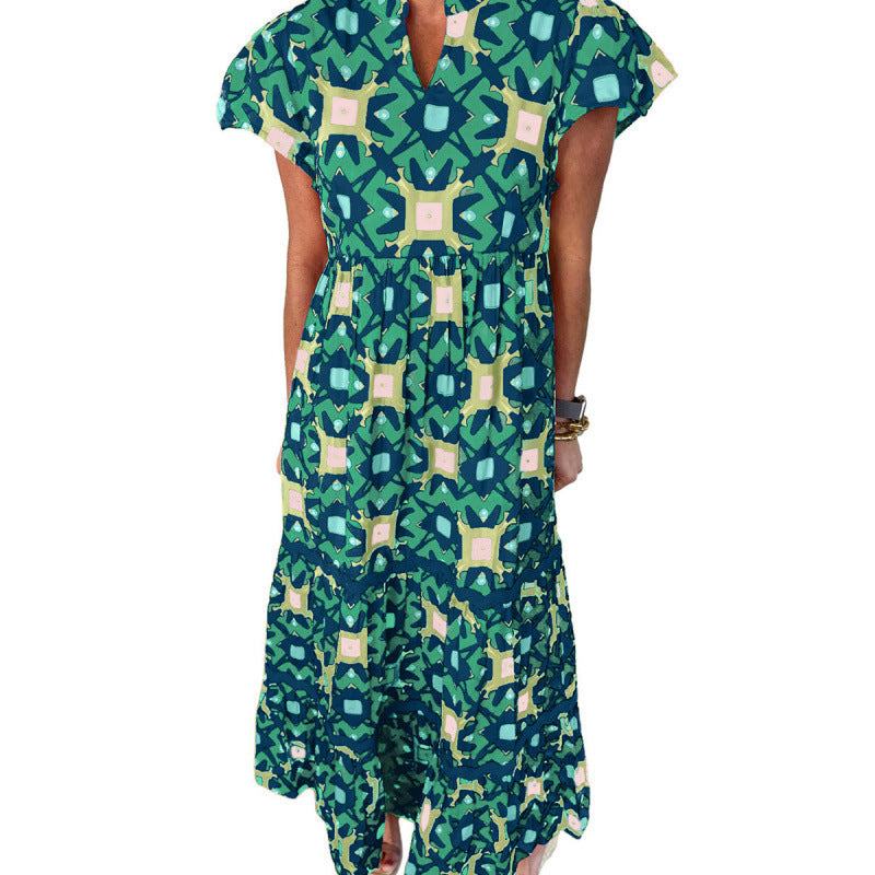 V-Neck Short Sleeve Geometric Print Tiered Maxi Dress 5
