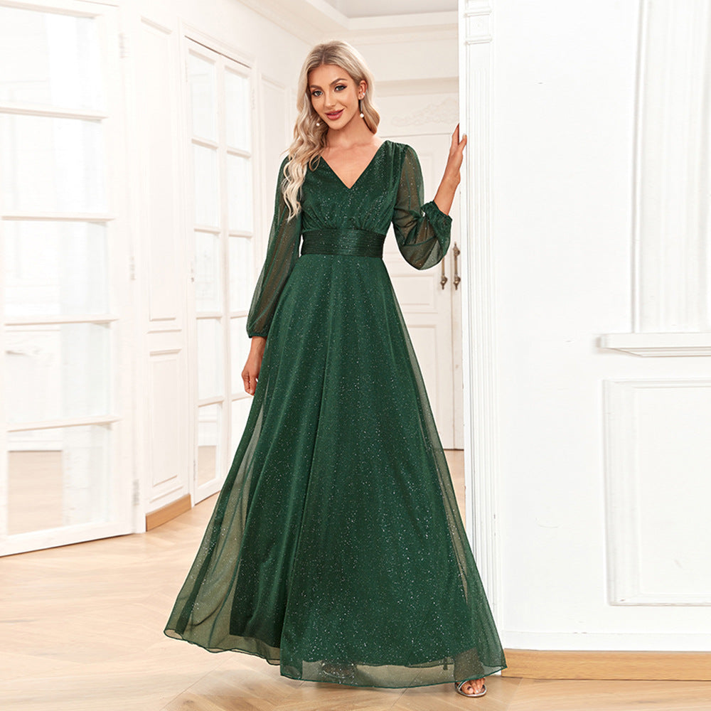 Glitter V-Neck Long Sleeve A-Line Chiffon Maxi Dress