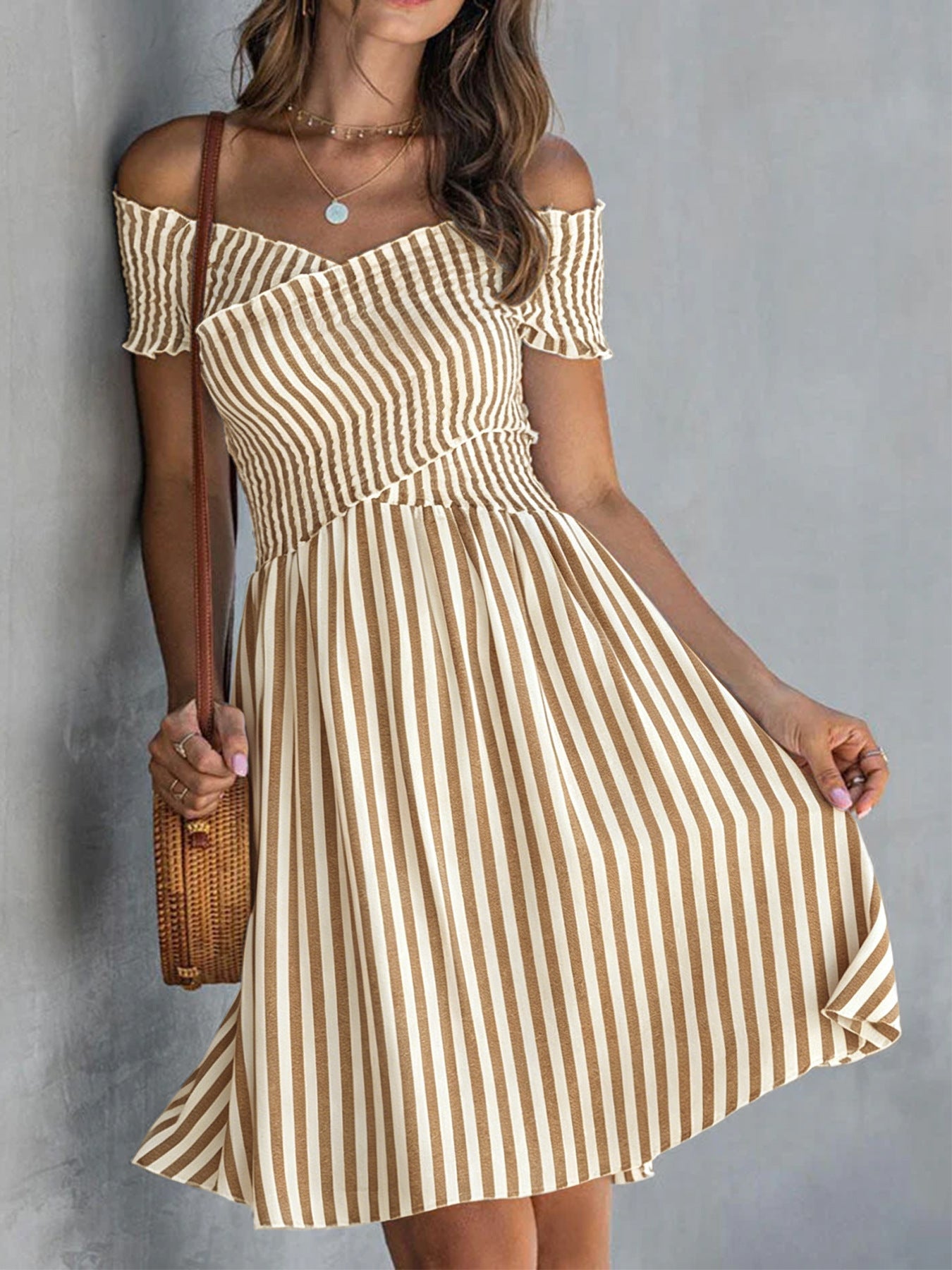Striped Off Shoulder Short Sleeve Smocked Mini Dress 8