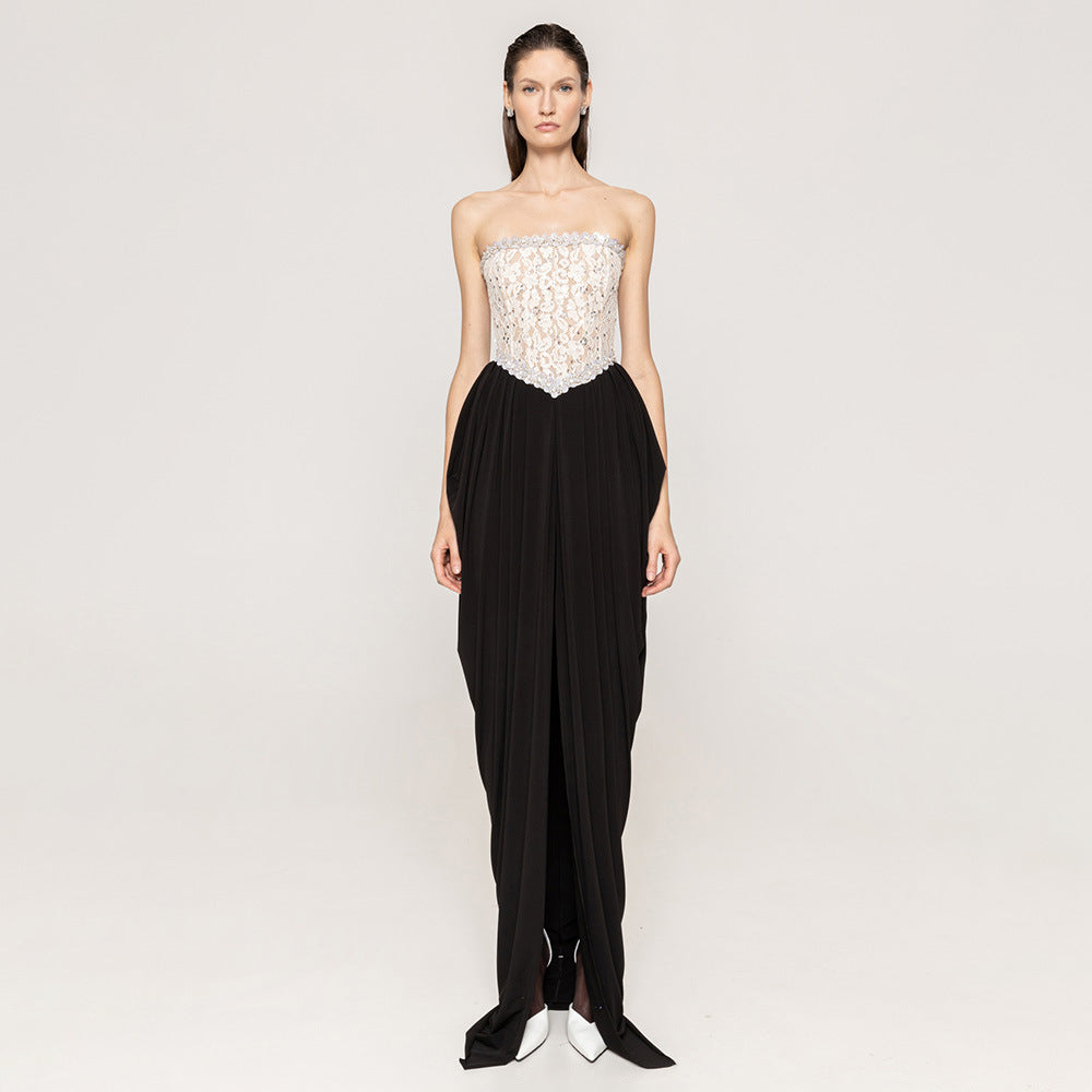 Sexy Women Lace Bead Strapless Dress High Elastic Split Long Dress - View 3