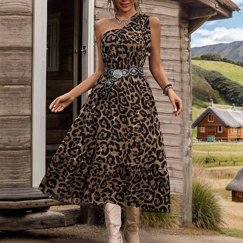 Women Summer Leopard Print One Shouler Lace up Dress (Without Belted)