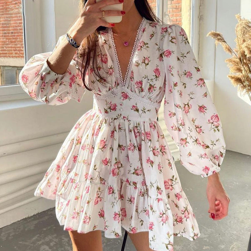 Floral Deep V-Neck Lace Trim Balloon Sleeve Tiered Mini Dress