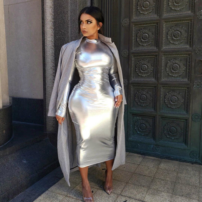 Metallic Turtleneck Long Sleeve Bodycon Maxi Dress 3