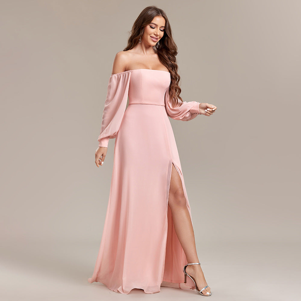 Chiffon Off Shoulder Puff Sleeve High Split A-Line Maxi Dress