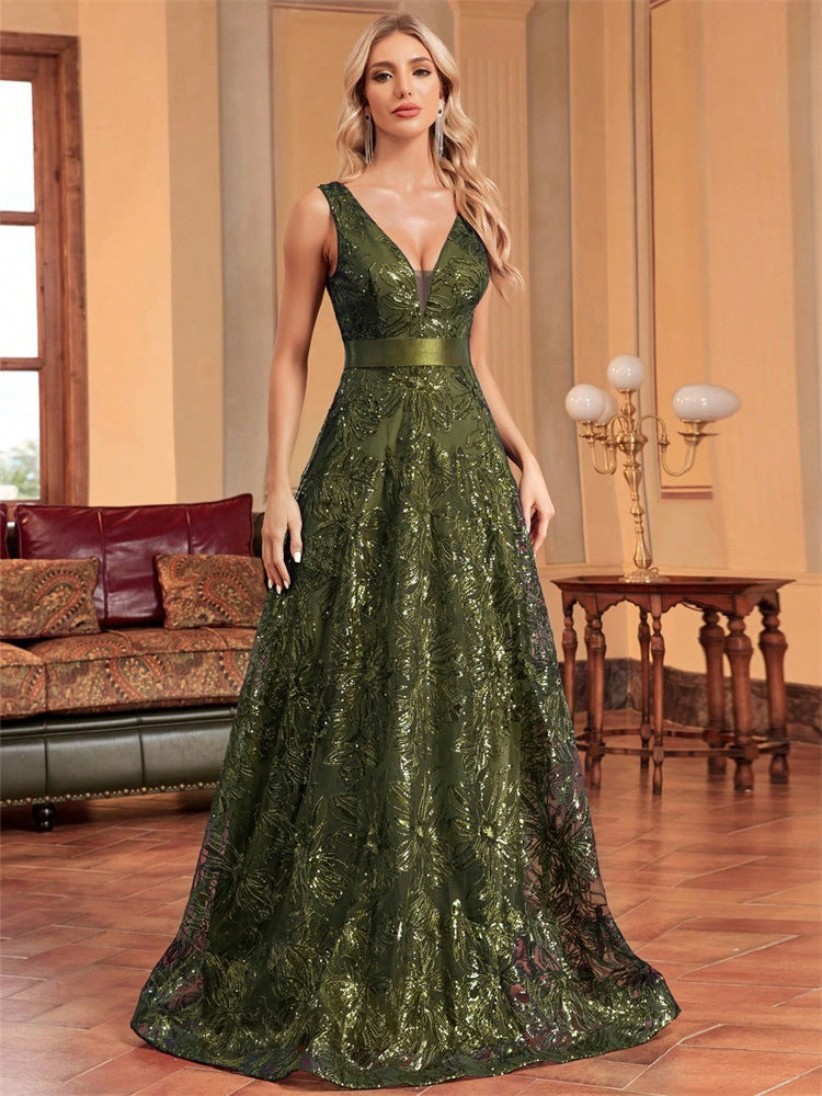 Sequin Deep V-Neck Sleeveless A-Line Maxi Prom Gown