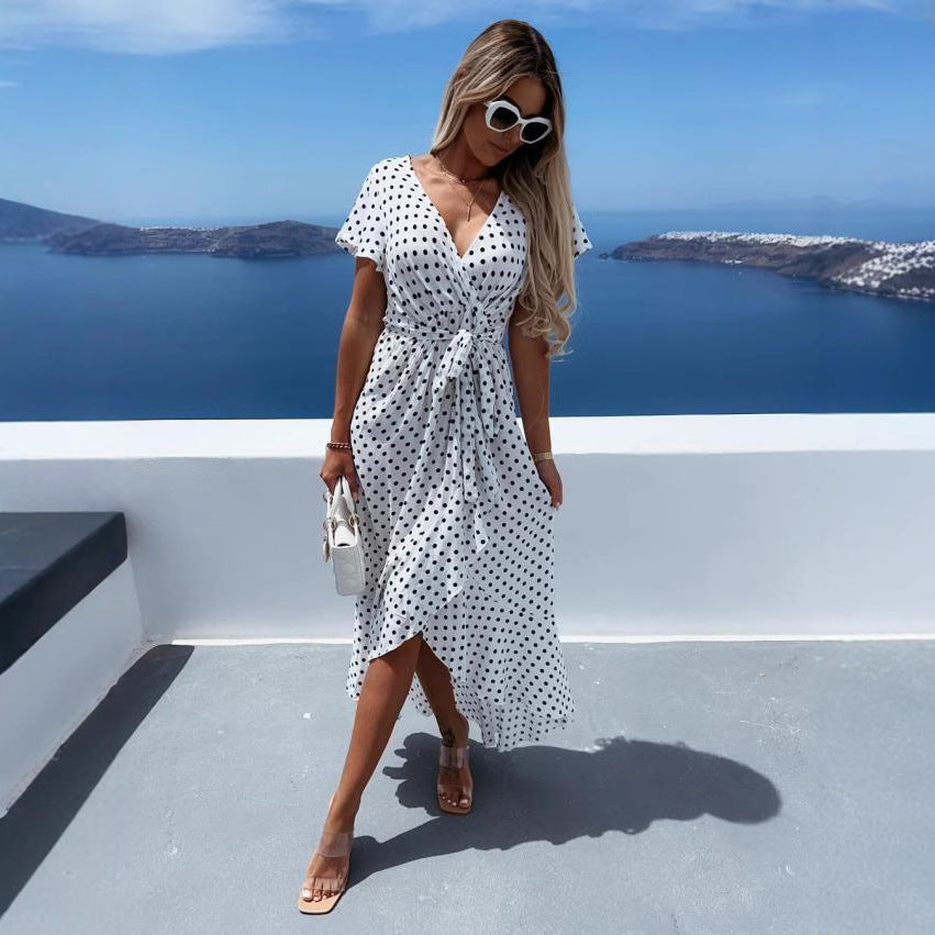 Polka Dot Wrap Deep V-Neck Short Sleeve Ruffle High Low Maxi Dress