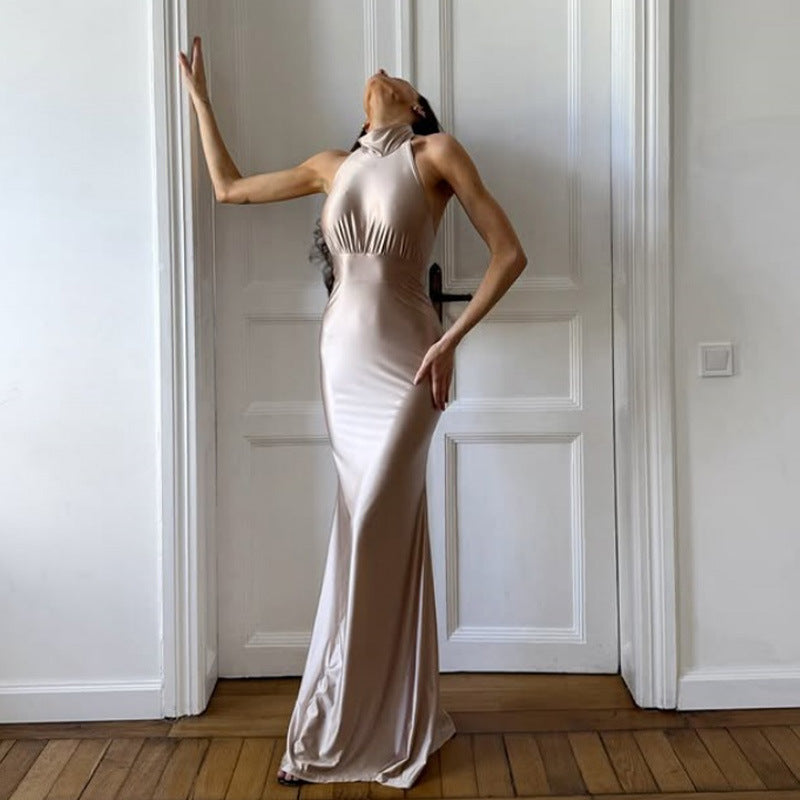 Satin Mock Neck Halter Sleeveless Ruched Bust Mermaid Maxi Dress