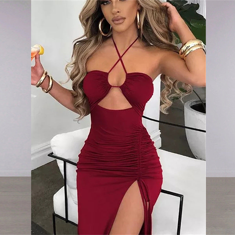 Crisscross Halter Neck Cut Out Ruched Drawstring Split Midi Dress 6