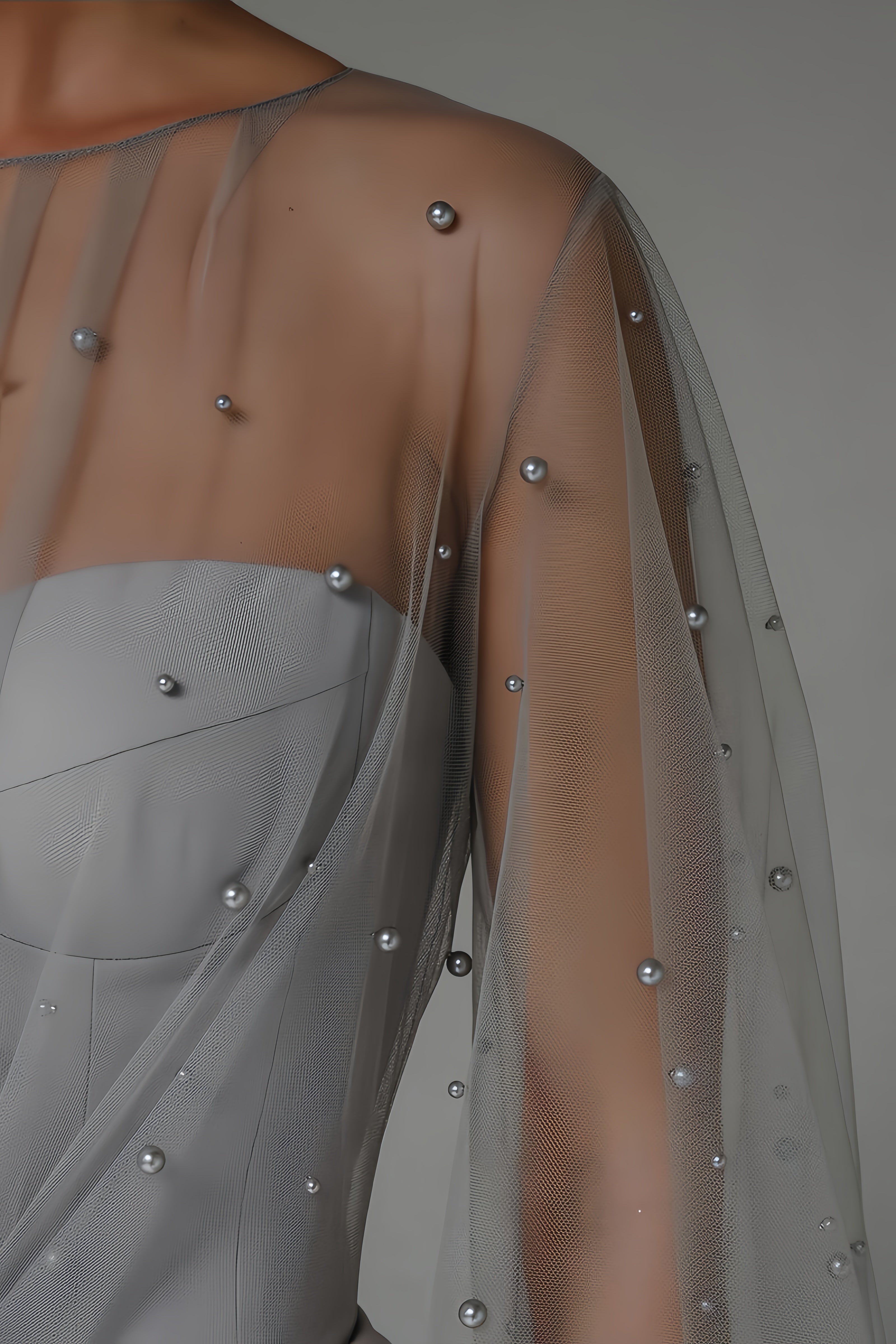 Mesh Pearl Embellished Bishop Sleeve Corset Bodice Wrap High Split Maxi Gown