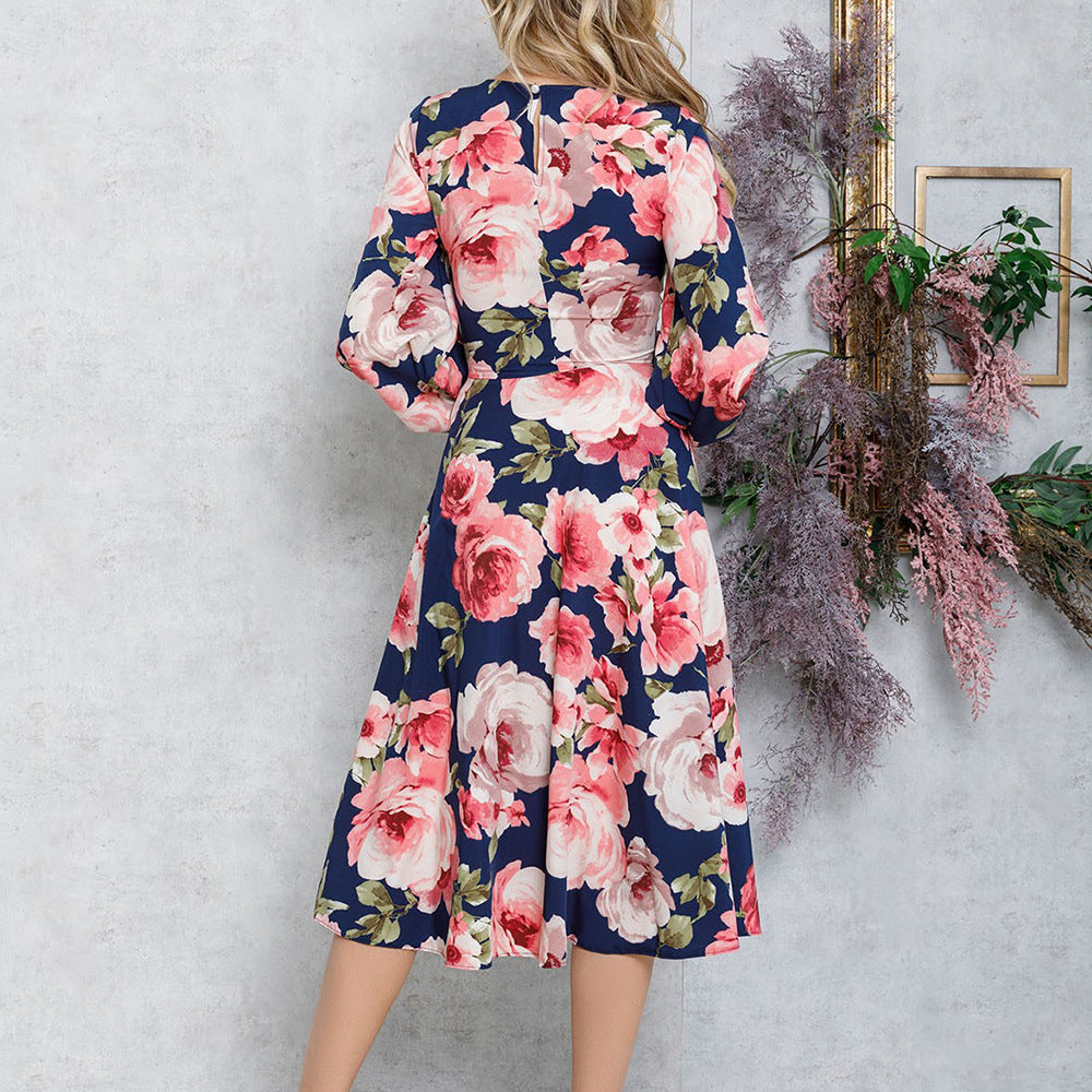 Printed Crew Neck Long Sleeve Slim Fit Boho Dress