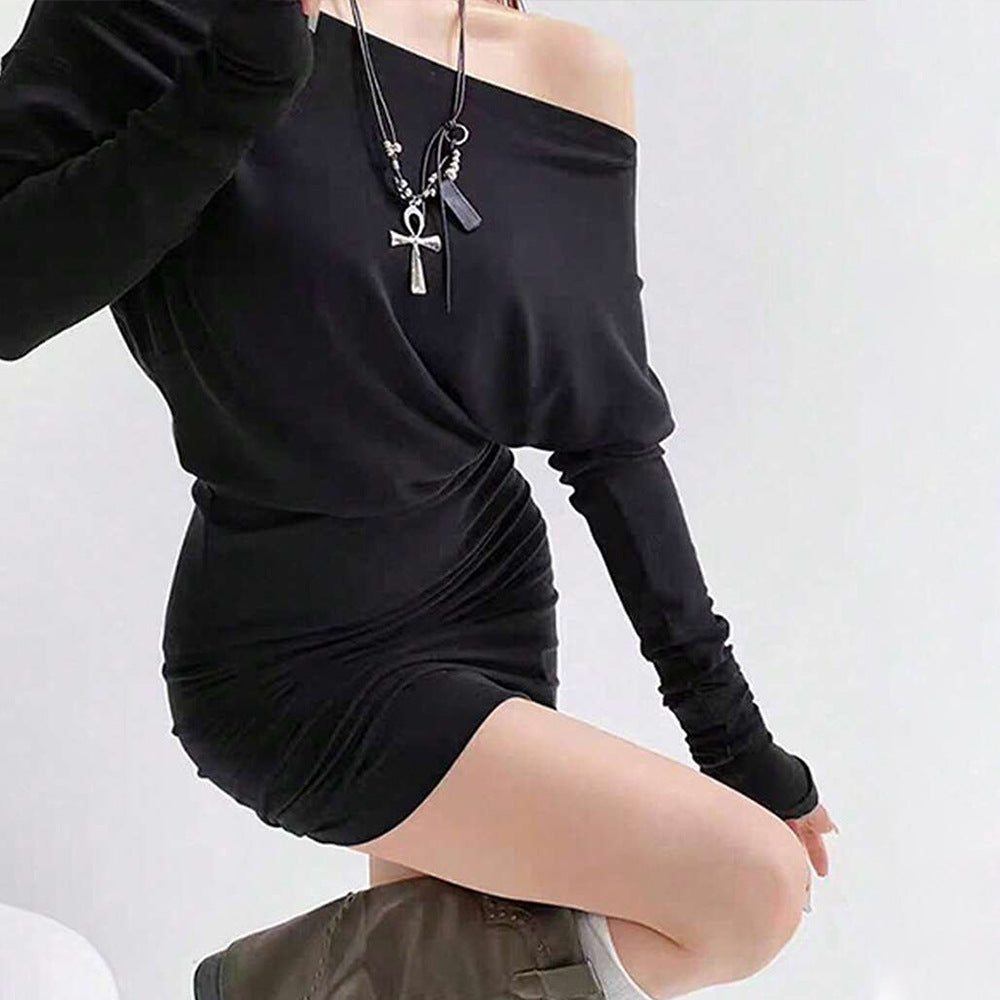 Knit Off Shoulder Batwing Long Sleeve Blouson Bodycon Mini Dress 4