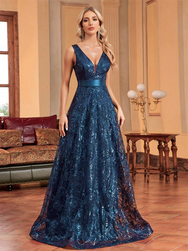 Sequin Deep V-Neck Sleeveless A-Line Maxi Prom Gown