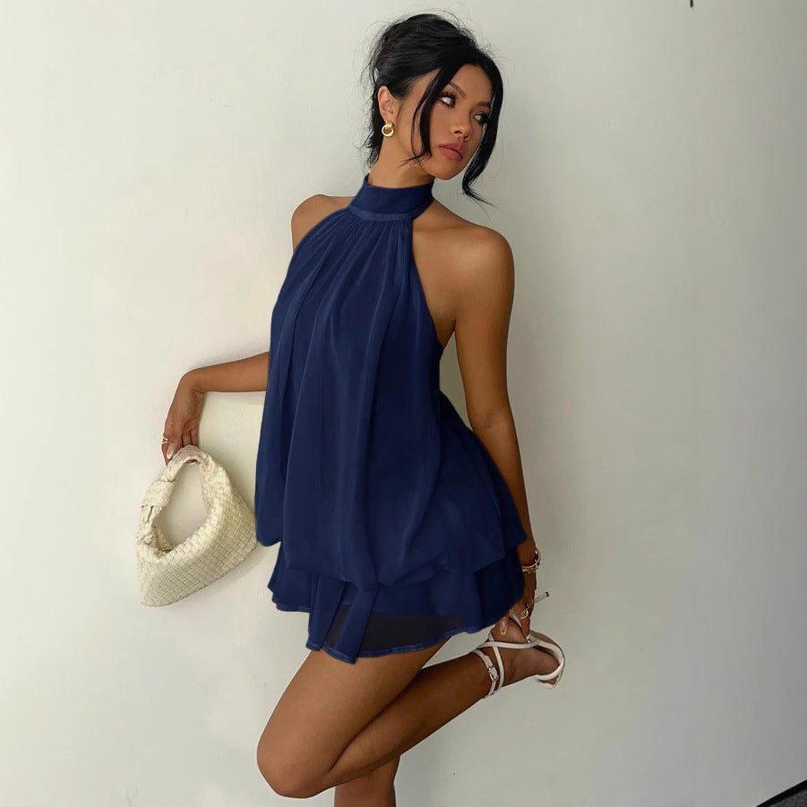 Mock Halter Neck Sleeveless Sheer Layered Ruffle Hem Romper 3
