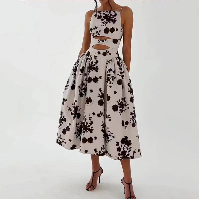 Floral Print Square Neck Cut Out A-Line Midi Dress